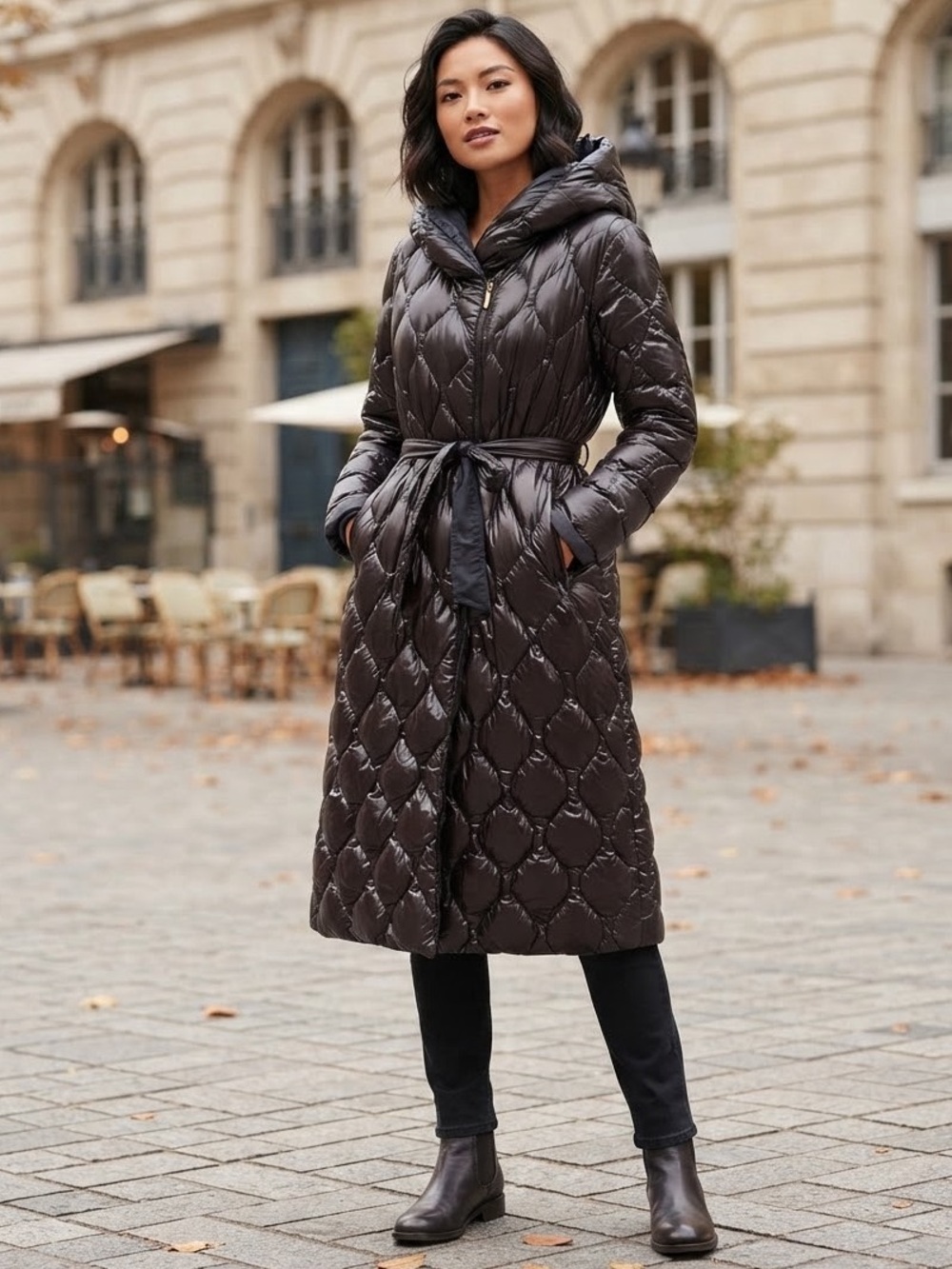 Donna Karan New York Reversible Down Maxi Puffer Coat Hooded Belted Black XL